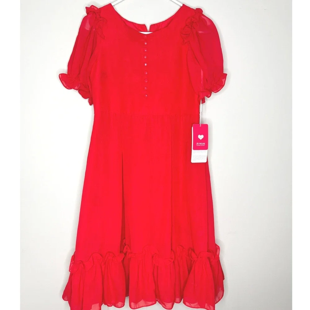 NWT JJ's House Red Chiffon Ruffle Holiday Christmas  Puff Sleeve Formal Party